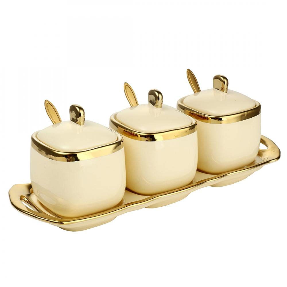 YYW Ceramic Spice Jars with Lid, Sugar Bowls Condiment Pots Storage Jars and Canisters Seasoning Box Set with Lid Spoon and Tray for Kitchen Storage-Sets of 3 (Yellow Suit)