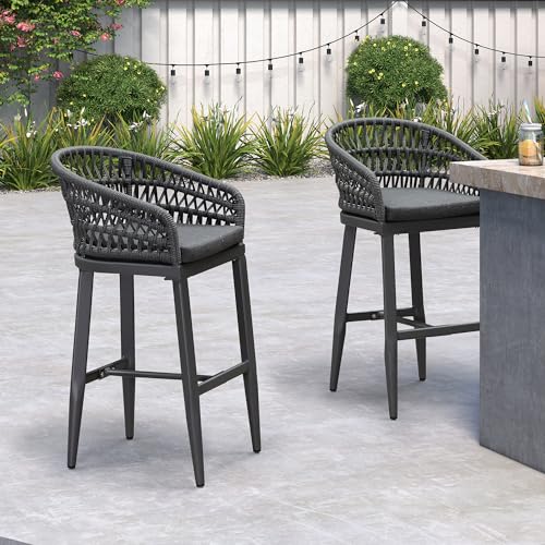 Image of PURPLE LEAF 29 inch Rattan Bar Stools Set of 4 Soft Seat Cushion, Grey