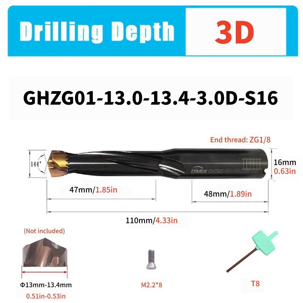 Tungsten Steel Carbide Drilling Insert Saber-Toothed Drill Bit Deep Hole Drilling Tool Holder with Double Hole Internal Cooling (GHZG01-13-13.4-3.0D-S16)