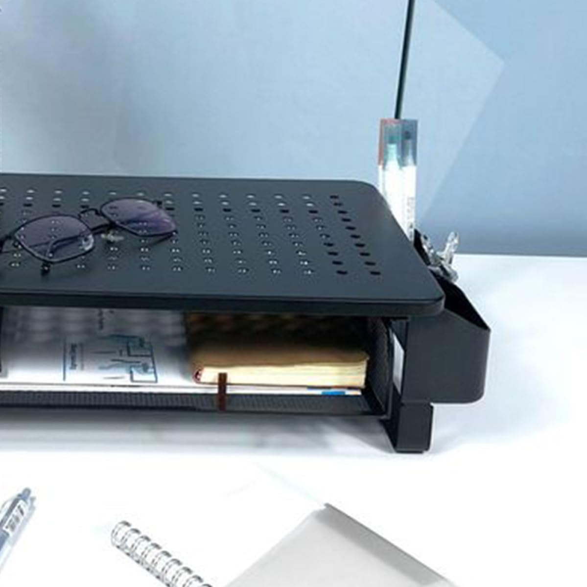 CALLARON Soporte para Monitor, Estante Elevado para Computadora Portátil, Hierro, Panel de Malla Orificios, Negro, Capacidad de Carga Máxima 20kg, Protege las Vértebras Lumbares