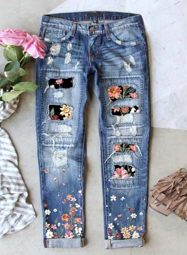 Astylish Womens Plaid Patch Ripped Boyfriend Distressed Stretch Skinny Denim Jeans2