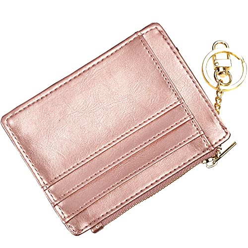 Image of Womens Slim RFID Credit Card Holder Mini Front Pocket Wallet Coin Purse Keychain (Oil Rose Gold)