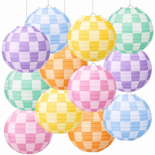Retisee 12 Pcs Gingham Paper Lanterns Colorful Hanging Decorations 8 Inch Rainbow Checkerboard Ceiling Lanterns Back to School Classroom Decor for Birthday Party First Day of School Kindergarten