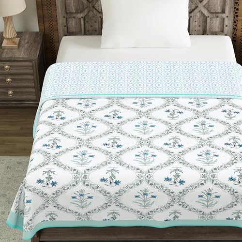 Image of BLOCKS OF INDIA Hand Block Printed Cotton Single Size Reversible Malmal Dohar for Summer (Turq BEL)