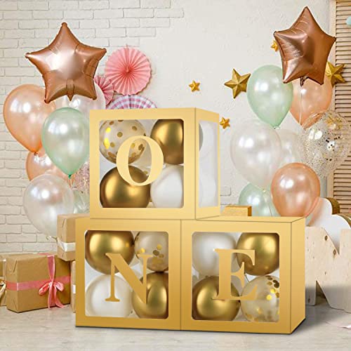 Image of Sooyee Gold First Birthday Decorations for Girl or Boy,3 Pcs ONE Balloon Boxes for 1st Birthday Girl Decoration,Baby Cube Blocks Party Decor with ONE Letters for Photoshoot Props, Cake Smash Backdrop