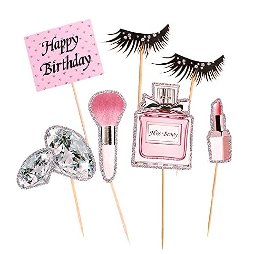 Aabellay 28 piezas de maquillaje para cupcakes, cosméticos con purpurina, lápiz labial, pestañas, reina, perfume, pestañas, cepillo de diamante, para cumpleaños, decoración para tartas