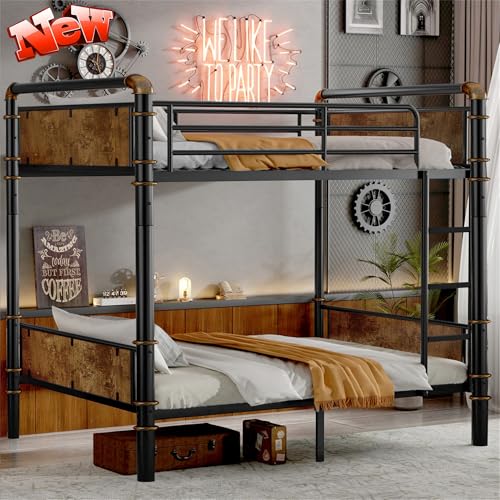 TEVHONE Upgraded Version Thicken Metal Twin XL Over Twin XL Bunk Bed, Best Industrial Style Heavy Duty Bunk Bed, Convertible into 2 Beds with Wood Board, Water Pipe Design for Adults (Black)