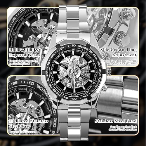 Gute Men's Luxury Steampunk Skeleton Watch - Automatic Self-Winding Mechanical Wristwatch with Luminous Hands, 3ATM Waterproof Stainless Steel Watch for Business & Casual Wear - Thumbnail 3