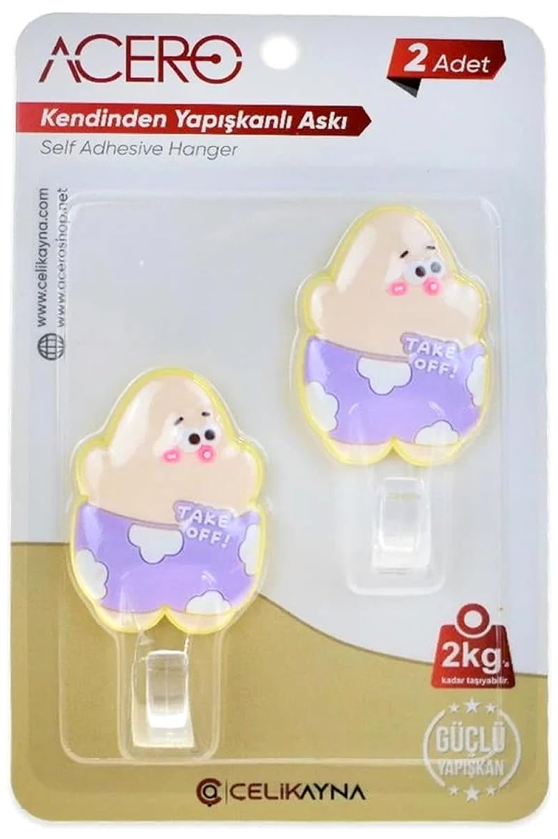 Patrick Star Kendinden Yapışkanlı Askı 2li, Sevimli Karakter Take OFF Mutfak ve Banyo Askısı x 2 adet, 2 Kg taşıma kapasiteli Güçlü Yapışkanlı Plastik Askı - 38314
