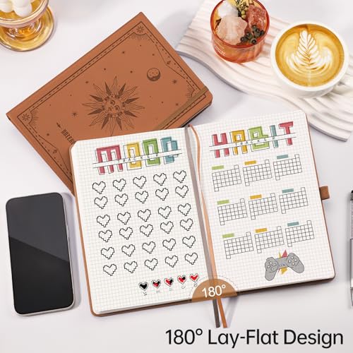 Image of EMSHOI Graph Grid Journal Notebook, 192 Pages, A5 Size (5.7'' x 8.3'') | Leather Hardcover, 100 GSM Thick Paper, for School, Note Taking, Math, Engineering, Sun Debossed (Brown)