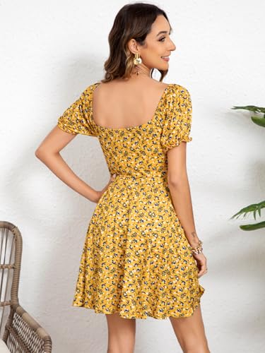 Image of Missufe Women's Puff Short Sleeve Drawstring Ruched Front Fit and Flare Floral Summer Casual Short Dress