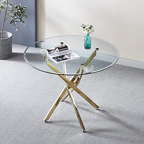 Modern Rectangular Glass Dining Table, Contemporary Dining Table With Tempered Glass Top & Chrome Steel Legs For 4 Or 6 Person, Home Office Kitchen Dining Room Table Furniture (39In-Gold 1) #TOP6