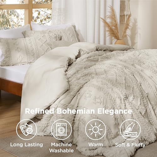 Image of Bedsure Tufted Boho Comforter Set Full Size - Linen Boho Bed Set, GentleSoft 3 Pieces Farmhouse-Style Embroidery Bedding, Gifts for Woman, Soft Jacquard Kids' Full Comforter for All Seasons