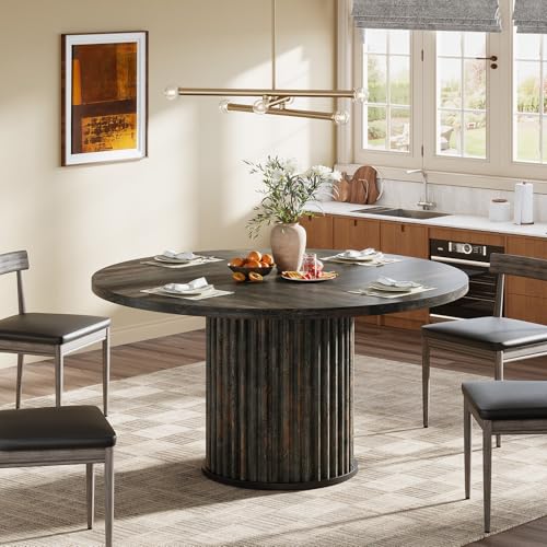 Image of Tribesigns 47.24-Inch Round Dining Table for 4-6 People, Modern Fluted MDF + Metal Base Kitchen Table, Sturdy Circle Dining Room Furniture, Black Brown