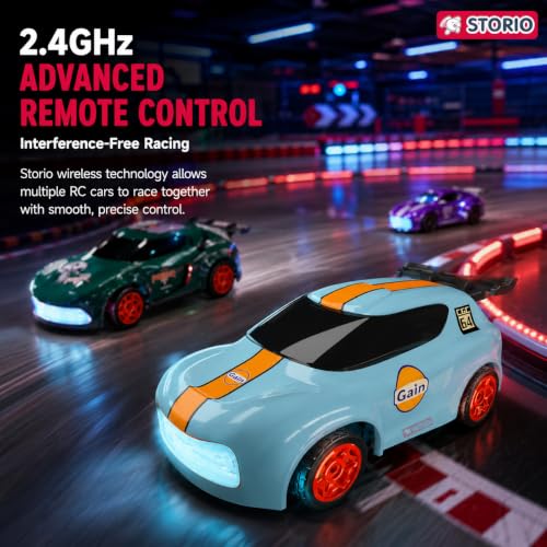 Image of Storio Punto Mini RC Car 1:64 Scale, 2.4GHz Remote Control Car with Drift & Grip Modes, Dual Speed, LED Lights, 100m Range, Rechargeable RC Drift Car for Kids Boys Girls & Adults