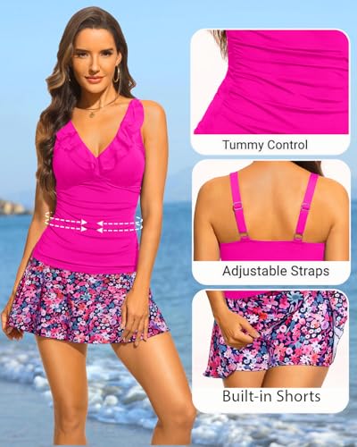 Image of Aqua Eve Women Tankini with Skirt - Tummy Control Swimsuit Two Piece Bathing Suit Ruffle Swimwear Ladies Swim Suit | Removable Cups, Adjustable Straps, Smooth Shape Via Front Gathers
