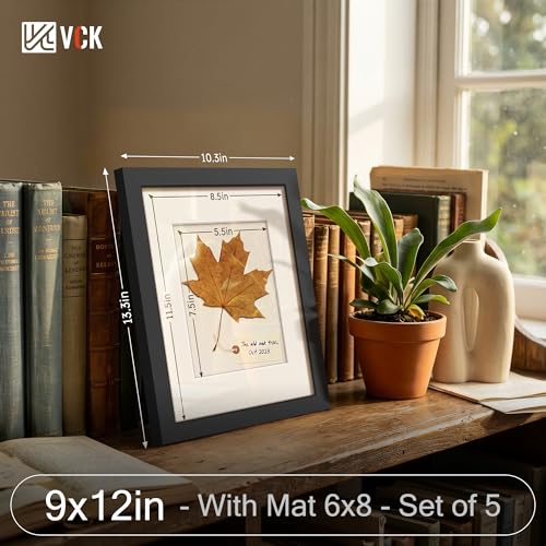 Image of VCK 9x12 Frame 5 Pack, Black Wood, 6x8 Mat, Glass, for Picture Photo