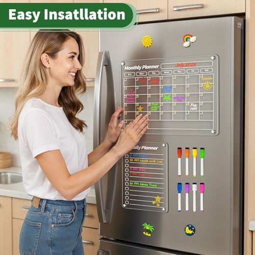 FINDMAG Acrylic Magnetic Dry Erase Board Calendar for Fridge, Magnet Calendar for Fridge, Set of 4 Transparent Planning Boards for Monthly Weekly Daily Meal Menu Planner White Board