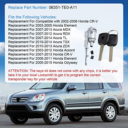 DICMIC Ignition Switch Lock Cylinder with Key Compatible with Honda CR-V Element Pilot Accord Odyssey Acura MDX RDX TL TSX ZDX Replace# 06351-TE0-A11