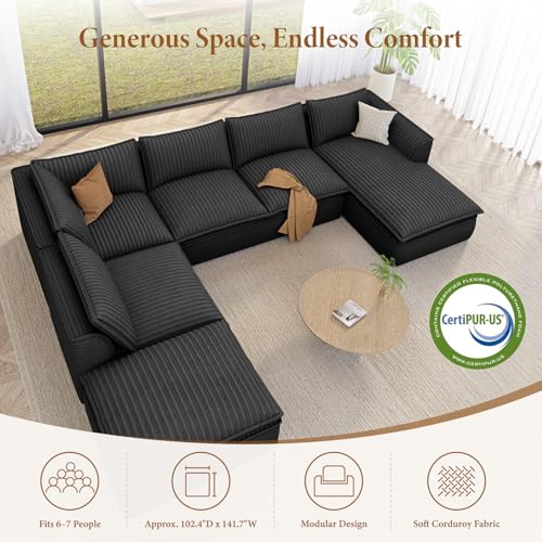 Image of Vesgantti 7 Seater U Shaped Boneless Cloud Couch with Chaise, Gray | Oversized Compressed Modular Sectional Couch with Ottoman, Deep Seat Sofa for Living Room, Pinstripe Corduroy, No Assembly
