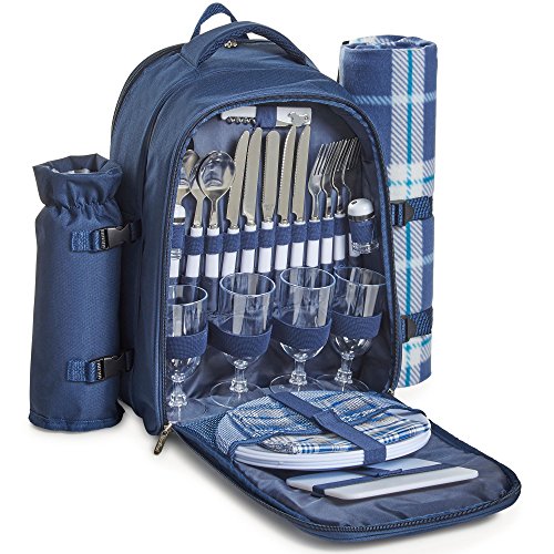 VonShef 4 Person Outdoor Picnic Backpack Bag Set with Insulated Cooler Compartment - Includes Picnic Blanket, Detachable Bottle Wine Holder, Flatware and Plates – Navy Tartan