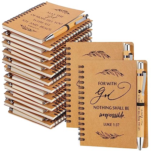Kosiz 300 Pcs/150 Set Christian Gifts Bulk Include Spiral Notebook and Bible Ballpoint Pen Mothers Day Gift Prayer Journal Religious Party Favor God Scripture Notepad for Teacher Women Church (Brown)