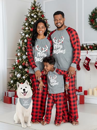 Image of IFFEI Matching Family Pajamas Sets Christmas PJ's with Letter and Plaid Printed Long Sleeve Tee and Bottom Loungewear
