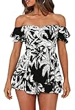 Picture of Fixmatti Womens Tropical Jumpsuit Off Shoulder Chiffon High Waist Shorts One Piece Playsuit Black and White S