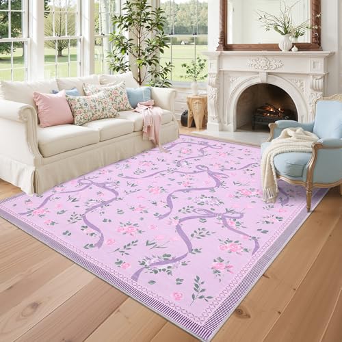 Garvee Washable 10x13 Area Rugs Ultra-Thin Large Floral Rug for Living Room Non Slip Cute Throw Mat for Girls Room Nursery Soft Botanical Print Indoor