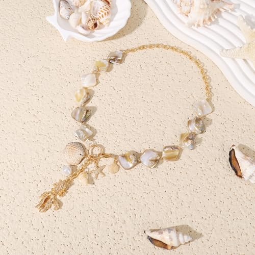 Image of Coiris Natural Seashell Choker Necklaces Earrings Jewelry Set for Women Starfish Shell Freshwater Pearl Collar Necklaces for Women Irregular Mother of Pearl Jewelry Set