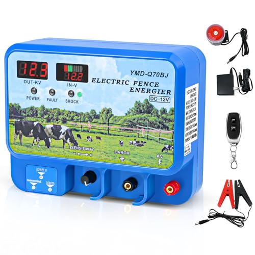 15.5J Electric Fence Charger, 15.5 Joules 600 Acres, AC DC 2 in 1 Powered Supply, Input 12V Output 12KV, with Display Remote and Alarm, Keep Out Predators, Contain Cattle Cow and Livestock