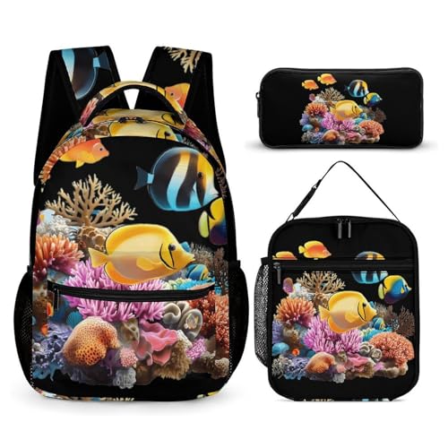 Colorful Tropical Fish Printed Backpack with Lunch Box Bag Pencil Case Pouch 3pcs Daypack Set for Women Men