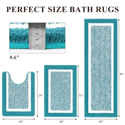 Pauwer Bathroom Rugs Sets 3 Piece Bathroom Shower Rugs with U-Shaped Contour Toilet Mat Absorbent Microfiber Plush Bath Mats Non Slip Bath Rugs Machine Washable Shaggy Bathroom Floor Mats, Aqua Blue