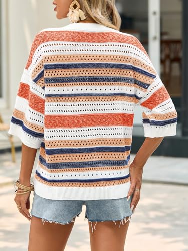 Image of Saodimallsu Womens Short Sleeve Sweaters V Neck Crochet Knit Striped Hollow Out Tops Beach Cruise Outfits