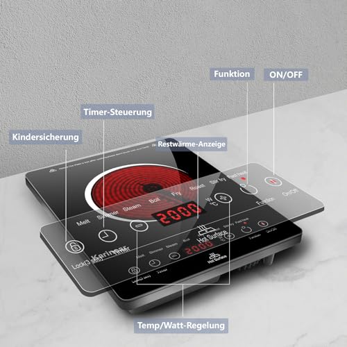 Karinear Glaskeramik Kochfeld 1 Platte Tragbar, 650 °C Max, Keramik Kochfeld Kochplatte 1er Freistehend, 2000W, Herdplatte 1 Kochfelder mit Stecker, Timer, Kindersicherung, Restwärmeanzeige, 220-240V