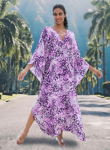 Image of Yanziliu Kaftan Dress for Women,Plus Size Hawaiian Batwing Sleeve Beach Cover Up Summer Swimsuit Dresses