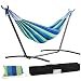 FDW Double Hammock with Space Saving Steel Stand Includes Portable Carrying Case (Blue)