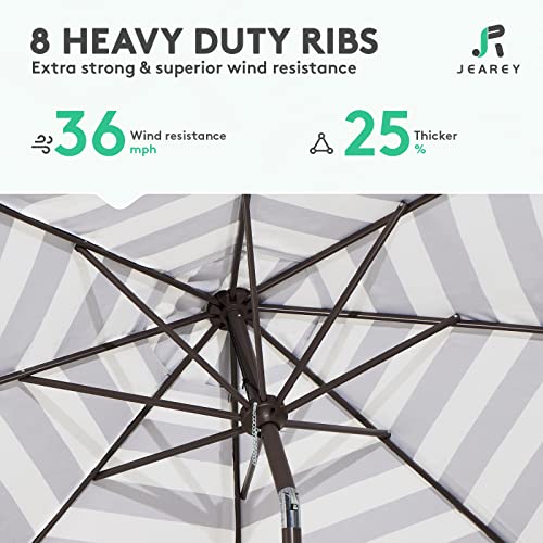 Image of JEAREY 9FT Outdoor Patio Umbrella Outdoor Table Umbrella with Push Button Tilt and Crank, Market Umbrella 8 Sturdy Ribs UV Protection Waterproof for Garden, Deck, Backyard, Pool (Black & White Stripe)