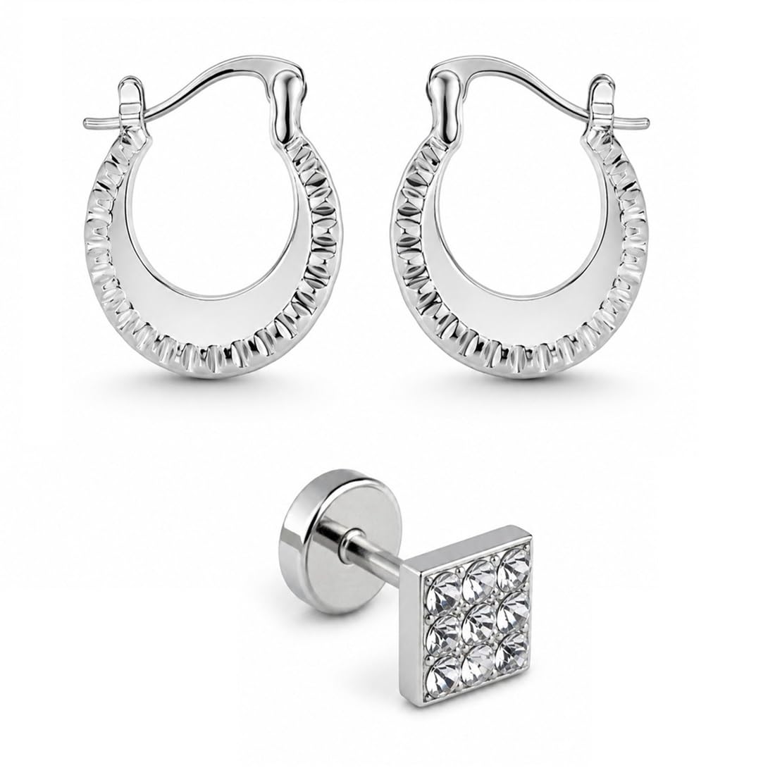 Men Silver Square & Silver Chand Bali Ear Earrings & Studs-image-46