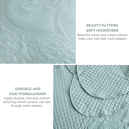 Image of Oversized King Bedspread, Stitched Paisley Quilt Set King /Cal King, Lightweight Reversible Coverlet, Scalloped Edge - Soft Serene Classic Look, 5 Piece, Seaglass