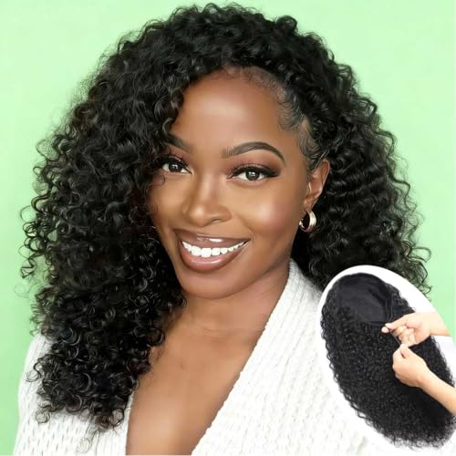 Image of Srakuw Half Wig Human Hair 200 Density Water Wave Wear Go Glueless Wigs Human Hair with Drawstring 3 In 1 Half Wigs for Women Invisible Hairline Beginner Friendly (Half Wig Black Color, 18 Inch)