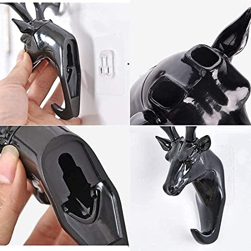 Image of Deer Head Hook, Self Adhesive Wall Door Hook Hanger Bag Keys Sticky Holder Wall Mount (Black), Plastic, Pack of 1 (18.5 cm x 16.5 cm)