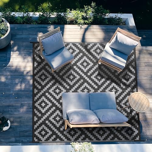 Image of GENIMO Outdoor Rug for Patio Clearance, 5'x5' Waterproof Camping Mat, Reversible Plastic Straw Rugs for RV, Camper, Balcony, Backyard, Picnic, Deck, Black & Gray