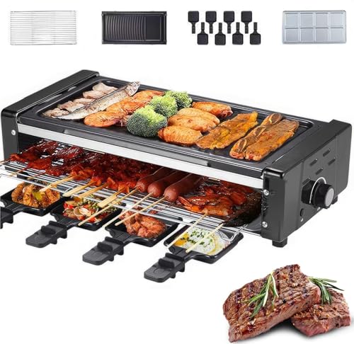 Electric Grill Machine, Non-Stick Indoor Barbecue Grill with 8 Mini Raclette Pans, Automatic Three Layer Design for Home Cooking