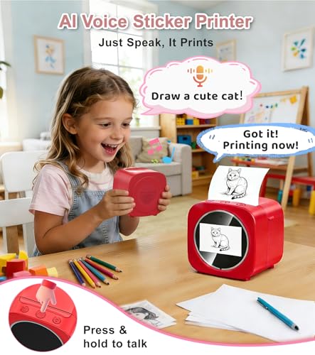 Image of AI Voice Sticker Printer for Kids, Portable Thermal Sticker Printer Box with Display, Voice-Activated Inkless Mini Sticker Machine for Journaling, DIY Crafts & Creative Gifts, with 16 Rolls