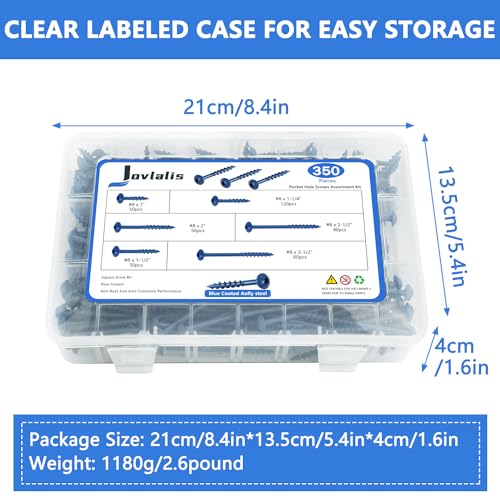 Image of 350 PCS Pocket Hole Screws Assortment Kit, 5 Sizes #8 x 1, 1-1 /4 inch, 1-1 /2 inch, 2 inch, 2-1 /2 inch,Square Drive Self Tapping Coarse Thread Wood Screws Set, Blue Coated, Drive Bit Included Suitable for Outdoor