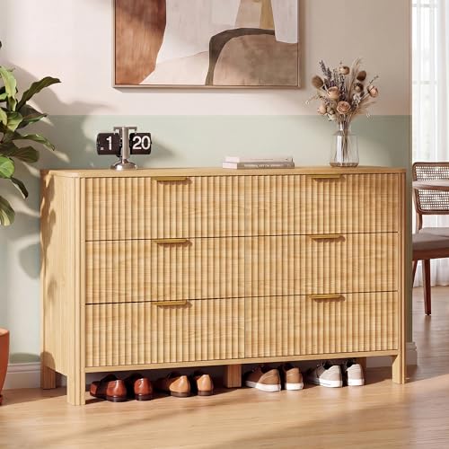 Image of Wodeer 6 Drawer Dresser for Bedroom, 47 inch W Wood Storage Cabinet with Fluted Design, Modern Chest of Drawers & TV Stand for Living Room, Nursery Clothing Organizer with Metal Slides, Anti-Tipping