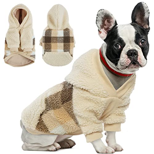 Duojoy Fleece Dog Hoodie Sweater, Coffee Buffalo Plaid Warm Dog Winter Clothes, Pullover Fuzzy Dog Clothes For Small Medium Dogs, Doggie Sweater Sweatshirt With Pockets-M #TOP1