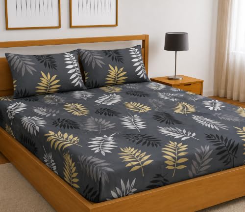 Image of Fitted Bedsheet Grey Leafy Print Glace Cotton 210 TC | Full Single Size for Single Bed Fits 4 x 6.25 ft Mattress (48 x 75 Inch) | All Around Elastic | 2 Pillow Covers | 7 Inch Deep Pocket