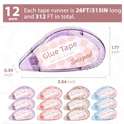 Image of Secopad Scrapbook Tape, 12 Pack Double Sided Tape Roller for Crafts, Adhesive Glue Runner Scrapbooking Supplies Journaling School Office Teacher Supplies, 0.3IN x 26FT, Clear Light-Colored Shell